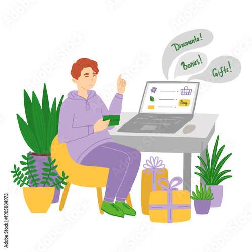 Man shopping in garden store online in flat cartoon design. Happy buyer choosing flowers, plants and gardening tools at website, ordering purchase and paying with credit card. Vector illustration
