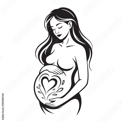 Pregnant woman holding belly with heart and floral design, symbol of motherhood and new life, expectant mother, pregnancy illustration, feminine beauty, serene maternal glow, new beginning art