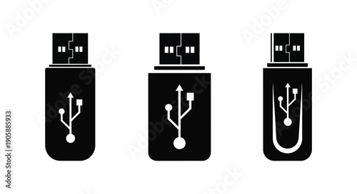 Three black usb drive icons in a simple flat style silhouette