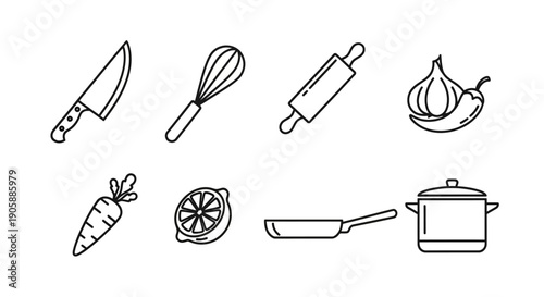 Kitchen utensils and food ingredients collection.