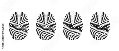 Set of four unique fingerprint icons isolated on white background, clean vector illustrations for identity protection, security systems, access control, personal data, and tech-related educational 