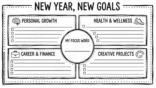 A New Year, New Goals planner with sections for personal growth, health, career, and creative projects.