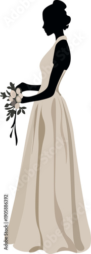 silhouette of an elegant bride with a bouquet of flowers