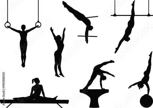 Gymnastics Silhouette Collection Featuring Artistic Gymnasts on Rings, Bars, Beam and Vault in Dynamic Athletic Poses Isolated on White Background