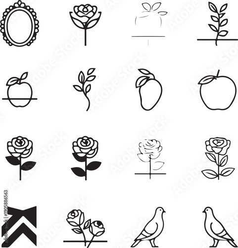 Elegant Botanical Elements and Icons: A curated collection of botanical illustrations and icons, featuring elegant depictions of flowers, fruits, and organic shapes.