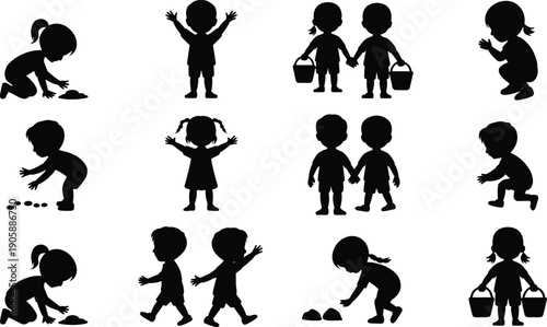 Children silhouette collection playing in sand and grass, kids with baskets crouching picking stones eggs exploring outdoors vector illustration, childhood spring activity set