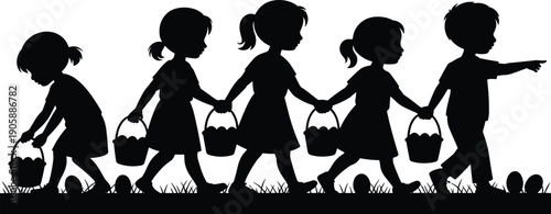 Children silhouette Easter egg hunt, group of kids holding hands with baskets collecting eggs in grass, boys and girls hunting Easter eggs vector illustration, spring fun
