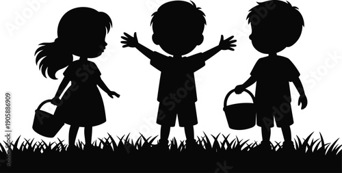 Children silhouette playing outdoors, kids with baskets in grass, girl and boys chatting excited, playful childhood moment vector illustration, summer fun activity scene