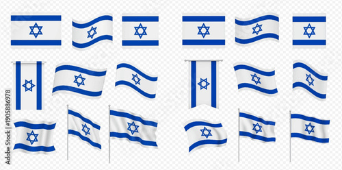 Collection of Israel flags in various shapes and waving styles on a transparent background.