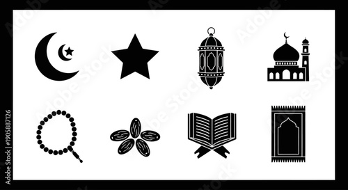 Islamic symbols and motifs arranged in a grid on a white background