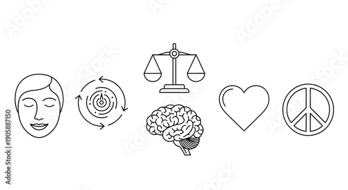 Line art depicting justice peace mind and emotional well being concepts