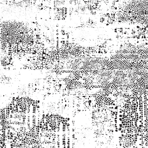 Worn down wallpaper pattern design. Broken plaster and grunge damask effect. Distressed overlay texture design. Vector illustration. Eps10.
