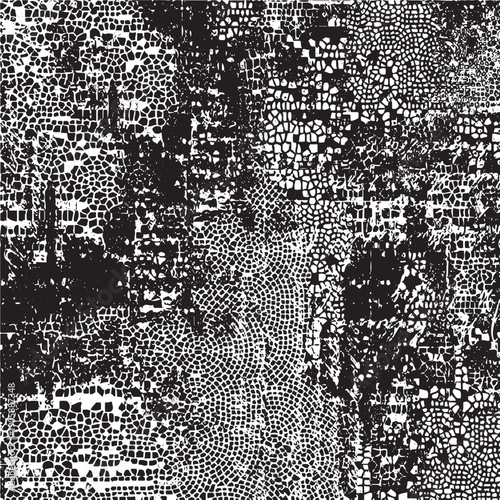 Worn down wallpaper pattern design. Broken plaster and grunge damask effect. Distressed overlay texture design. Vector illustration. Eps10.
