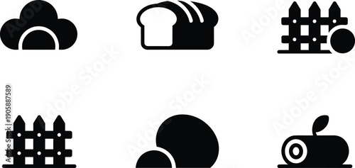 Easter bunny silhouette icon set, bread loaf, haystack, fence gate, tulip flower, carrot roll, spring farm symbols vector illustration, holiday collection pack