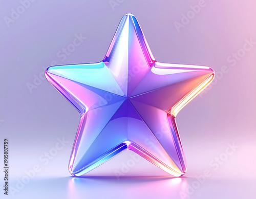 Luxurious Neon Star: 3D Render of a Reflective Glass Award Symbol. Iridescent Holographic Crystal Object in Blue and Purple Gradient Tones for Premium Design and Rating.
