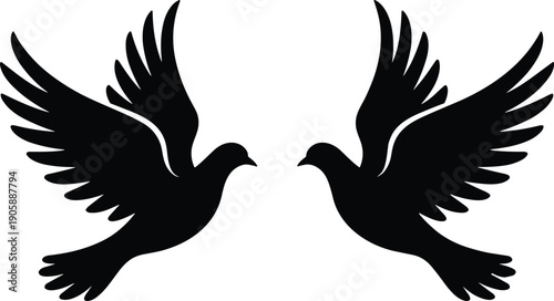 Pair of flying dove silhouettes, featuring black bird icons with spread wings for peace symbols, wedding decor, and religious branding.