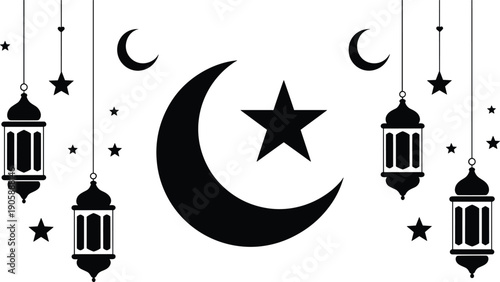 Eid al-Fitr silhouette vector with large crescent moon star, hanging ornate lanterns, stars, Islamic Ramadan celebration, black minimalist design, Eid Mubarak greeting background