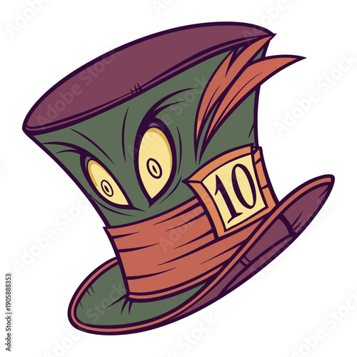 A stylish, slightly spooky Mad Hatter hat, rendered in a realistic illustration style for imaginative use.