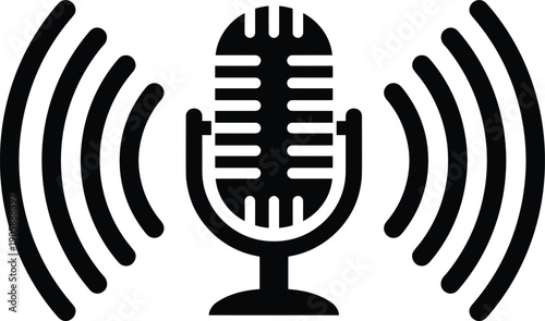 Retro microphone silhouette with sound waves, black vector icon for podcasting, radio broadcasting, music studio, audio recording, and vocal performance,