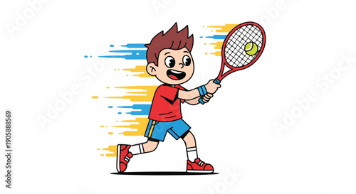 Cartoon illustration of a happy young boy playing tennis with a racket on a white background with colorful streaks.