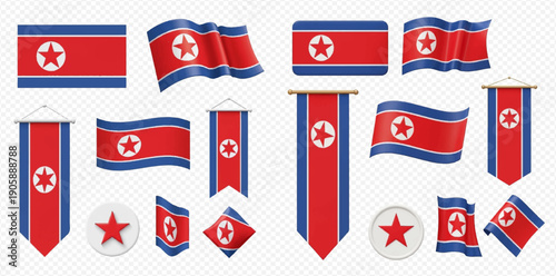 North Korea flag vector set, national Korean banner in different shapes and styles, patriotic symbols for design.