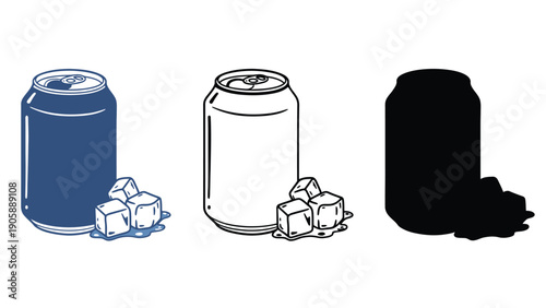 Three different representations of a beverage can with ice cubes.
