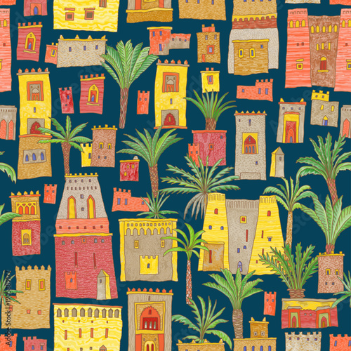 Vector seamless pattern of fairy tale oriental medieval houses, castles and palm trees on a dark blue background