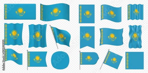 Kazakhstan flag set with various shapes and waving styles on transparent background.