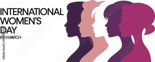 International Women's Day silhouette profiles of diverse women in purple pink tones, empowerment equality illustration, 8th March celebration vector art, female unity design