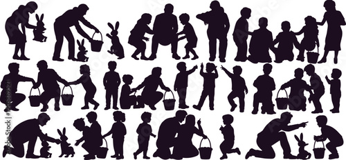 Large collection Easter bunny and children silhouettes, kids with baskets interacting with rabbits, family egg hunt group scenes vector illustration, spring holiday activity pack