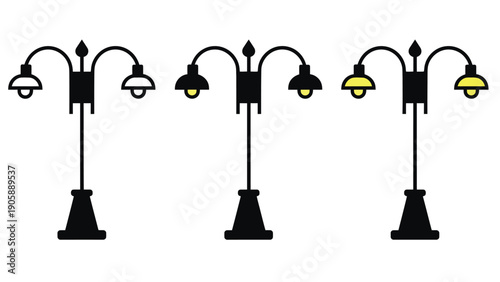 Three decorative street lamps stand in a row on a white background.