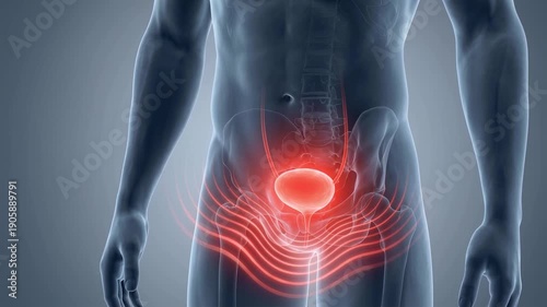 Medical animation showing a man suffering from bladder pain, cystitis, or a urinary tract infection, with red waves indicating inflammation, discomfort, disease, and health problems