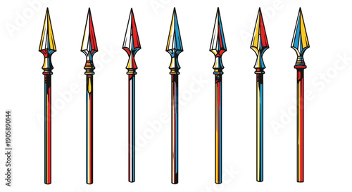 Set of colorful medieval spears with pointed tips and decorative shafts