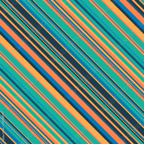 Vibrant diagonal stripes in teal, orange, and blue create a dynamic, energetic pattern.