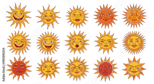 Collection of various cartoon sun illustrations with different expressions