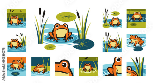 Collection of cute cartoon frogs in various natural pond scenes