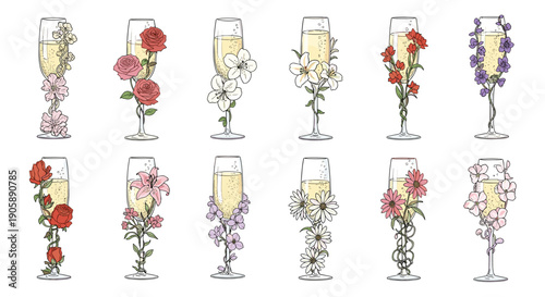 Collection of colorful floral arrangements in elegant glass vases