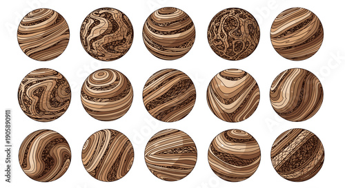 Set of 16 polished brown marble spheres with natural patterns