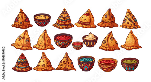 Collection of traditional indian food items including samosas and bowls