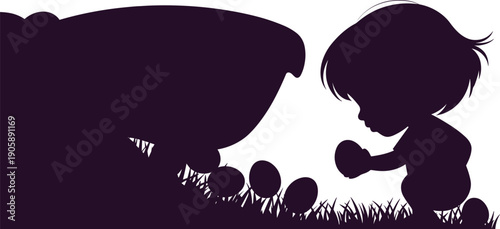 Toddler silhouette Easter egg hunt, cute baby discovering painted eggs in grass, child with basket collecting Easter eggs vector illustration, spring holiday scene