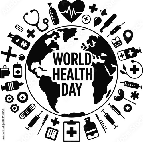 "World Health Day Illustration with Globe Earth Surrounded by Medical Icons Stethoscope Heart Pills Syringe for Global Healthcare Awareness"
