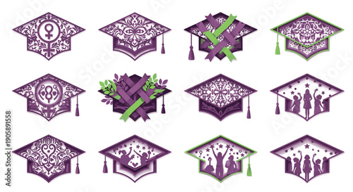 Collection of purple graduation caps with tassels and decorative patterns