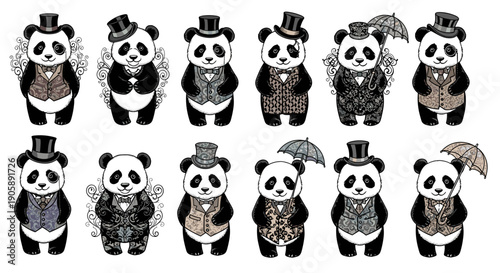 Collection of cute panda characters dressed in various fashionable outfits