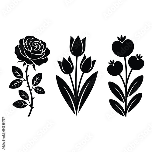 Black silhouette floral arrangement featuring a rose tulip and heart shaped bloom