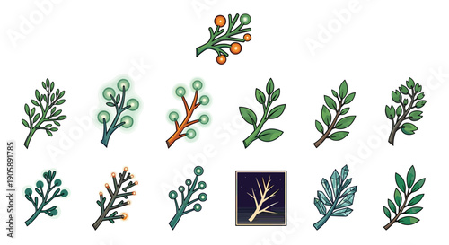 Collection of various stylized botanical illustrations and leaves