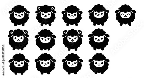 Collection of cute cartoon sheep faces with different expressions