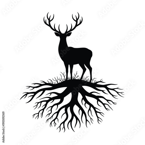 A majestic stag silhouette emerges from intertwined roots and branches