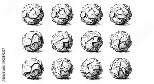 Sequence of crumpled paper balls arranged in a grid pattern