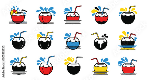 Collection of colorful cartoon style soda drinks with straws and ice