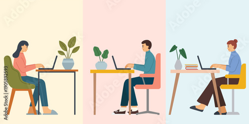 Remote Employees Working From Home Illustration Set in Flat Design Style